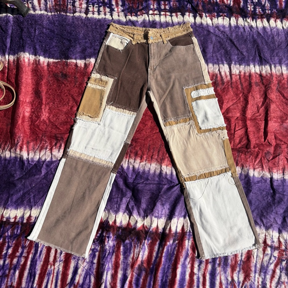 SHEIN Straight Leg Jeans in Brown and Tan Patchwork